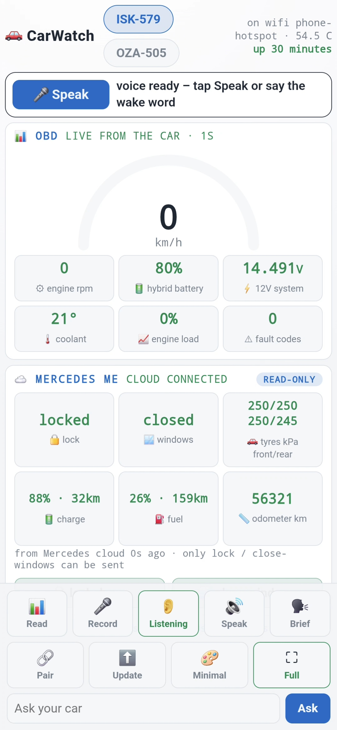 The CarWatch v0.4 dashboard: Speak strip, live OBD tiles, Mercedes me cloud data, and the control dock