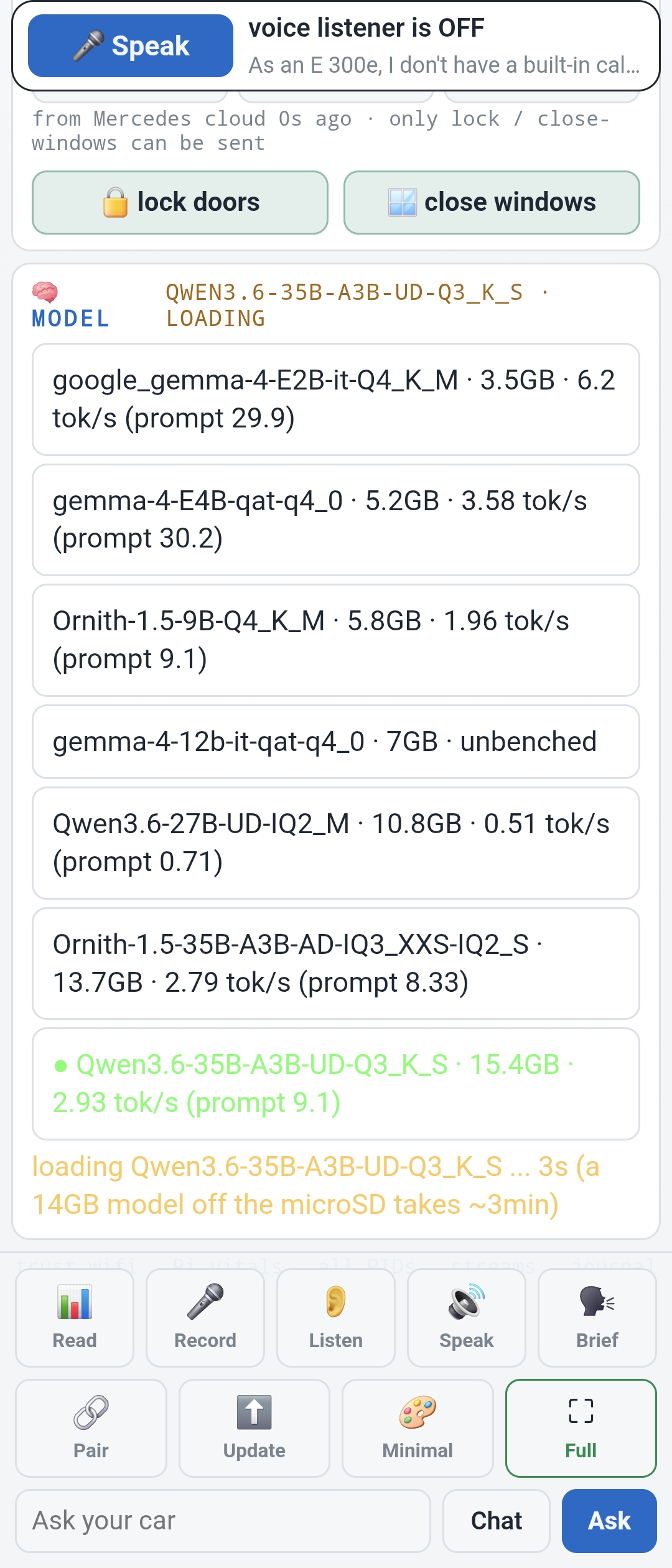 The CarWatch dashboard's Model zone on a phone: each local model listed with its measured tokens per second, the running one in green, and a swap in progress with a load estimate